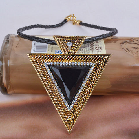 Black Choker Leather Rhinestone Triangle Pendant